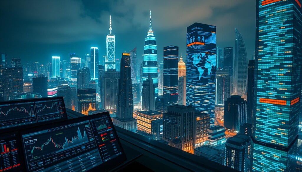 A dynamic cityscape at night, illuminated by the glow of holographic data screens. In the foreground, a futuristic trading terminal with customizable dashboards, charts, and real-time market indicators. In the middle ground, AI-powered algorithmic trading bots analyze vast data streams, their movements resembling a fluid dance. The background is a panoramic view of skyscrapers, their facades adorned with cascading digital displays showcasing market trends, cryptocurrency values, and economic forecasts. The scene has a sense of technological elegance, with smooth camera movements and a subtle color palette of blues, greens, and metallic hues, conveying the precision and power of AI-driven wealth management.