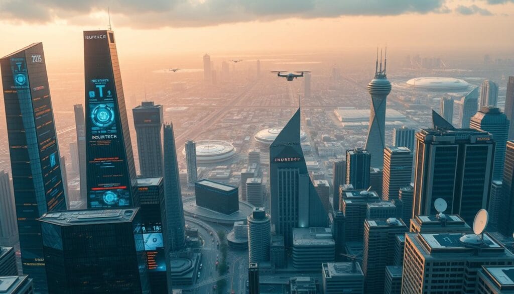 A dynamic cityscape of interconnected hubs, showcasing the evolving landscape of insurtech in 2025. In the foreground, towering skyscrapers with sleek, angular designs housing cutting-edge insurtech startups, their facades adorned with holographic displays. In the middle ground, a bustling urban environment with autonomous vehicles and drone delivery systems, reflecting the integration of insurtech into daily life. The background features a sprawling network of data centers and satellite dishes, symbolizing the digital infrastructure powering the industry. The scene is bathed in a warm, futuristic glow, conveying a sense of progress and innovation. A wide-angle lens captures the scale and complexity of this insurtech ecosystem, inviting the viewer to explore the multifaceted future of the insurance industry. A dynamic cityscape of interconnected hubs, showcasing the evolving landscape of insurtech in 2025. In the foreground, towering skyscrapers with sleek, angular designs housing cutting-edge insurtech startups, their facades adorned with holographic displays. In the middle ground, a bustling urban environment with autonomous vehicles and drone delivery systems, reflecting the integration of insurtech into daily life. The background features a sprawling network of data centers and satellite dishes, symbolizing the digital infrastructure powering the industry. The scene is bathed in a warm, futuristic glow, conveying a sense of progress and innovation. A wide-angle lens captures the scale and complexity of this insurtech ecosystem, inviting the viewer to explore the multifaceted future of the insurance industry.