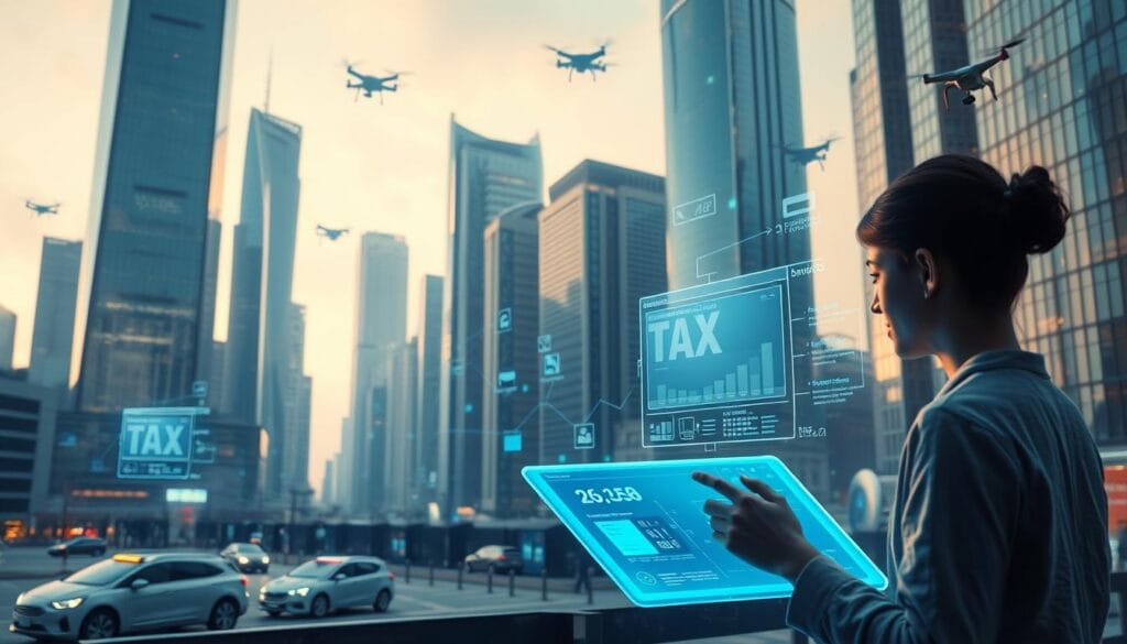 A dynamic cityscape of the future, with sleek skyscrapers and holograms projecting tax software interfaces. In the foreground, a person interacts with a transparent tablet, navigating seamless digital tax filing tools. Soft, diffused lighting casts an ethereal glow, while in the background, autonomous vehicles and flying drones hint at the advanced technology transforming the tax landscape. The scene conveys a sense of effortless efficiency and innovation, reflecting the streamlined, user-friendly nature of the digital tax filing experiences of 2025. A dynamic cityscape of the future, with sleek skyscrapers and holograms projecting tax software interfaces. In the foreground, a person interacts with a transparent tablet, navigating seamless digital tax filing tools. Soft, diffused lighting casts an ethereal glow, while in the background, autonomous vehicles and flying drones hint at the advanced technology transforming the tax landscape. The scene conveys a sense of effortless efficiency and innovation, reflecting the streamlined, user-friendly nature of the digital tax filing experiences of 2025.