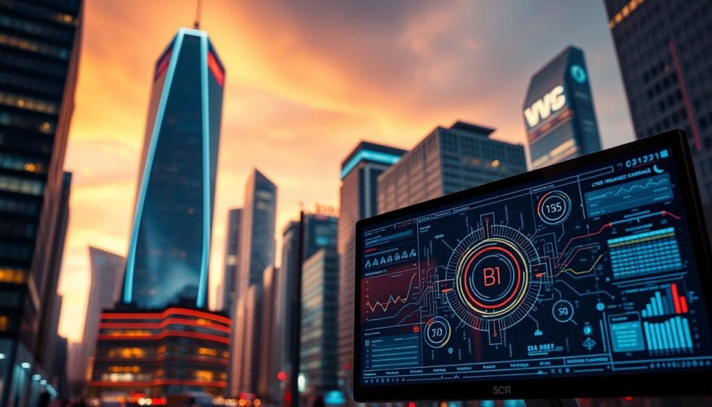 A dynamic cityscape with a towering skyscraper in the background, its facade adorned with sleek, futuristic architecture. In the foreground, a computer screen displays intricate data visualizations, representing the complexities of cyber insurance coverage in the digital age. The lighting is a harmonious blend of warm tones and cool, neon-like accents, creating an atmosphere of technological sophistication. The camera angle is slightly elevated, emphasizing the scale and grandeur of the scene, while the depth of field blurs the peripheral elements, drawing the viewer's focus to the central elements of the composition.