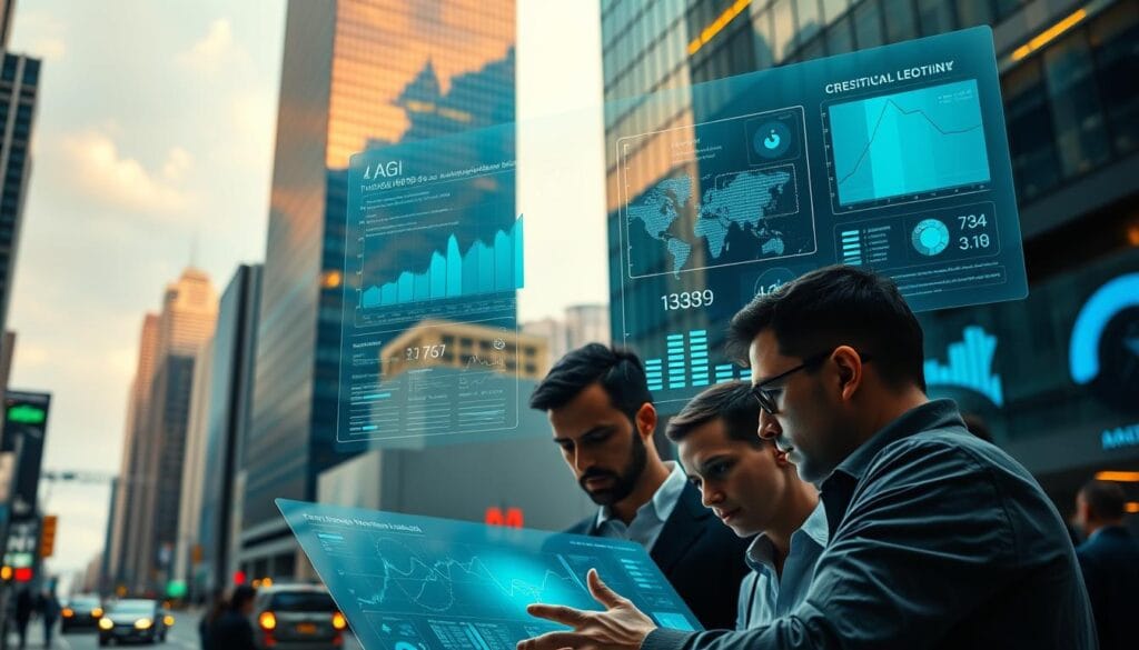 A dynamic cityscape with a towering skyscraper in the background, its reflective glass façade mirroring the vibrant streets below. In the foreground, a holographic display showcases intricate financial models and data visualizations, illuminating the intersection of AI and financial forecasting. Amidst the hustle and bustle, a team of analysts pores over the digital dashboard, their expressions intense as they navigate the complexities of the markets. Warm lighting casts a glow over the scene, highlighting the collaborative nature of this cutting-edge financial modeling and forecasting process. The atmosphere is one of innovation, efficiency, and the shaping of the future of finance.