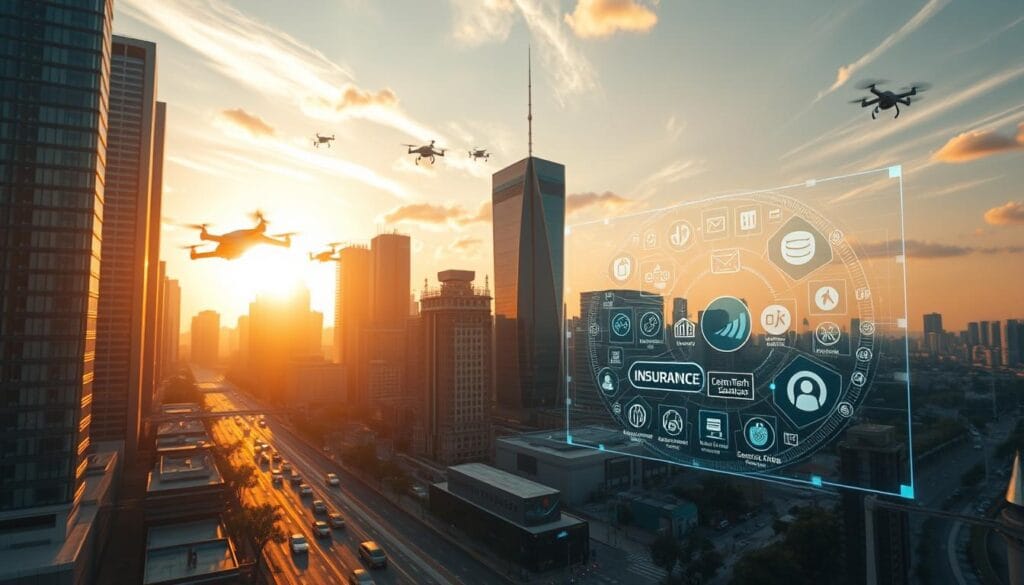 A dynamic cityscape with towering skyscrapers and futuristic architecture, bathed in a warm, golden glow from the setting sun. In the foreground, a holographic interface displays a diverse array of insurance services, seamlessly integrating with the cityscape. Wispy clouds drift overhead, casting dynamic shadows across the scene. In the middle ground, autonomous vehicles and drones navigate the bustling streets, highlighting the technological advancements transforming the insurance industry. The background features a towering, glass-enclosed data center, symbolizing the data-driven nature of modern insurtech. The overall atmosphere conveys a sense of progress, innovation, and the seamless integration of technology into the insurance landscape. A dynamic cityscape with towering skyscrapers and futuristic architecture, bathed in a warm, golden glow from the setting sun. In the foreground, a holographic interface displays a diverse array of insurance services, seamlessly integrating with the cityscape. Wispy clouds drift overhead, casting dynamic shadows across the scene. In the middle ground, autonomous vehicles and drones navigate the bustling streets, highlighting the technological advancements transforming the insurance industry. The background features a towering, glass-enclosed data center, symbolizing the data-driven nature of modern insurtech. The overall atmosphere conveys a sense of progress, innovation, and the seamless integration of technology into the insurance landscape.