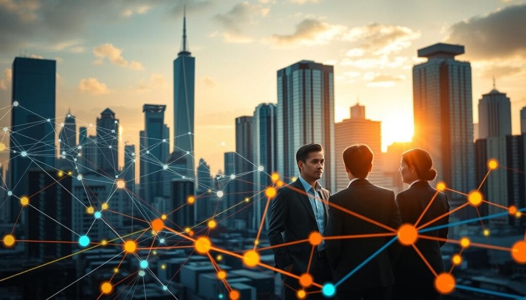 A dynamic cityscape with towering skyscrapers in the background, symbolizing the growth and expansion of the supply chain finance market. In the foreground, a complex web of interconnected financial transactions, visualized through a mix of abstract geometric shapes and bold, vibrant colors. The middle ground features a group of business executives engaged in deep discussion, their expressions conveying the challenges and opportunities of this evolving landscape. Soft, warm lighting illuminates the scene, creating a sense of optimism and progress. The composition is balanced, with a subtle tension between the structured, technological elements and the fluidity of the financial processes. The overall image evokes a forward-looking, innovative perspective on the future of supply chain finance. A dynamic cityscape with towering skyscrapers in the background, symbolizing the growth and expansion of the supply chain finance market. In the foreground, a complex web of interconnected financial transactions, visualized through a mix of abstract geometric shapes and bold, vibrant colors. The middle ground features a group of business executives engaged in deep discussion, their expressions conveying the challenges and opportunities of this evolving landscape. Soft, warm lighting illuminates the scene, creating a sense of optimism and progress. The composition is balanced, with a subtle tension between the structured, technological elements and the fluidity of the financial processes. The overall image evokes a forward-looking, innovative perspective on the future of supply chain finance.