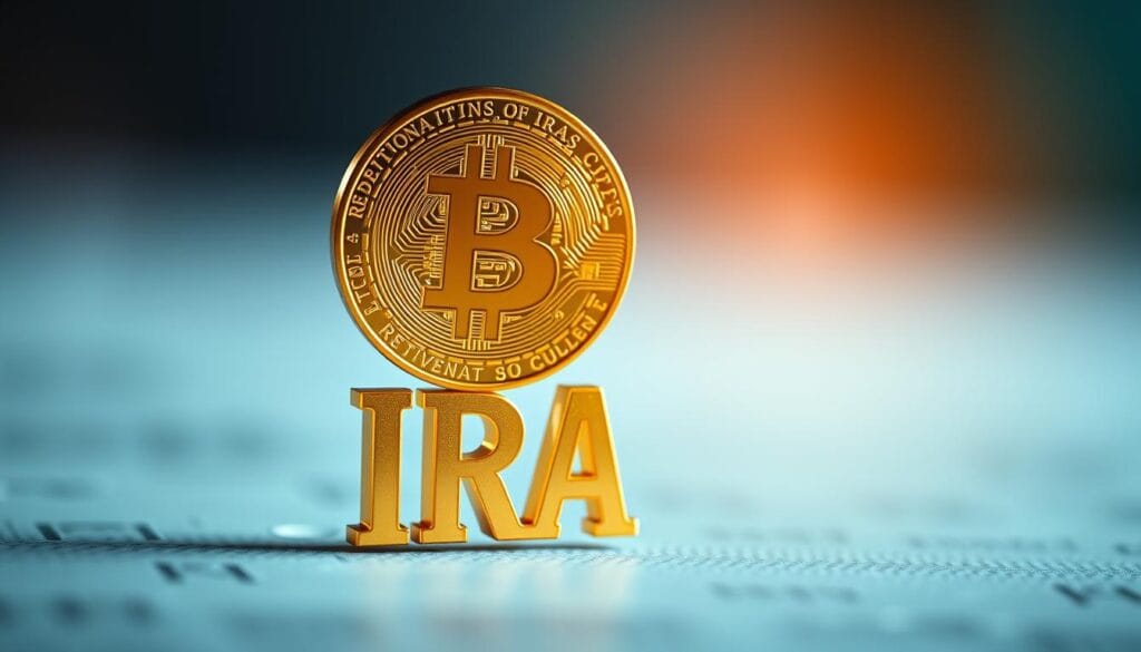A dynamic, close-up image of a bitcoin symbol hovering above a golden IRA retirement account icon, bathed in warm, diffused lighting that creates a sense of financial security and growth. The bitcoin casts a faint digital shadow, suggesting the integration of cryptocurrency into traditional retirement planning. The background is a soft, blurred gradient in shades of blue and green, adding a subtle digital aesthetic. The composition is balanced, with the central elements positioned to draw the viewer's attention to the key features and benefits of a cryptocurrency IRA investment.