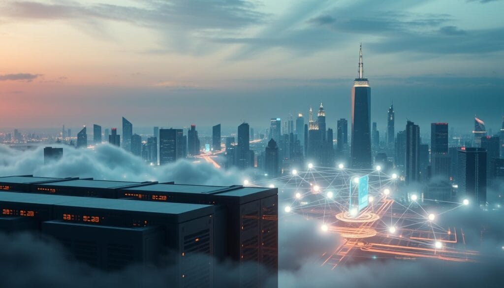 A dynamic cloud infrastructure system covering an insurance landscape. In the foreground, a cluster of interconnected servers and data centers, their sleek silhouettes illuminated by soft, ambient lighting. In the middle ground, a network of virtual interfaces and APIs, visualized as glowing lines and shapes, seamlessly integrating various insurance services. The background features a cityscape of towering skyscrapers, representing the scale and complexity of the modern insurance industry, all set against a subtly textured sky. The overall atmosphere conveys a sense of technological sophistication, efficiency, and the transformative power of cloud-based solutions in the insurance sector. A dynamic cloud infrastructure system covering an insurance landscape. In the foreground, a cluster of interconnected servers and data centers, their sleek silhouettes illuminated by soft, ambient lighting. In the middle ground, a network of virtual interfaces and APIs, visualized as glowing lines and shapes, seamlessly integrating various insurance services. The background features a cityscape of towering skyscrapers, representing the scale and complexity of the modern insurance industry, all set against a subtly textured sky. The overall atmosphere conveys a sense of technological sophistication, efficiency, and the transformative power of cloud-based solutions in the insurance sector.