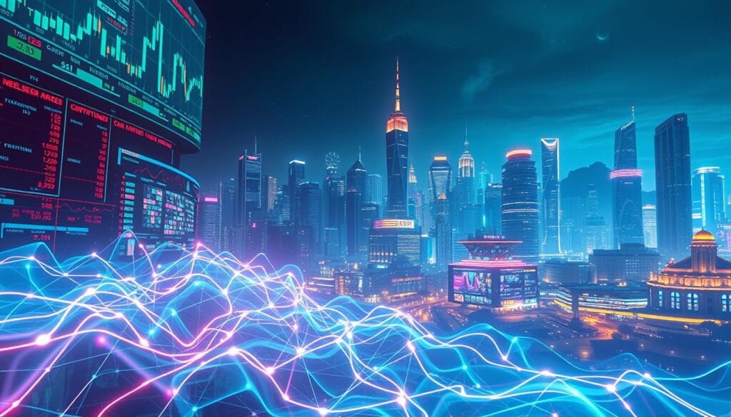 A dynamic crypto market landscape, illuminated by the glow of digital transactions. In the foreground, a network of flowing liquidity, represented by liquid-like data streams pulsing through a futuristic interface. The middle ground features vibrant data visualizations, cascading charts, and swirling graphs that depict the ebb and flow of market activity. In the background, a cityscape of towering skyscrapers, symbolizing the urban financial centers that power the crypto ecosystem. The scene is bathed in a cool, neon-tinged lighting, creating an atmosphere of technological prowess and financial innovation. The overall composition conveys the complex, interconnected nature of cryptocurrency liquidity and its crucial role in the evolving digital economy.