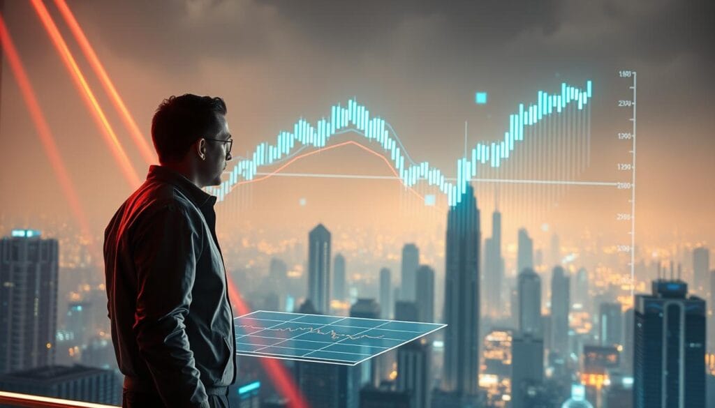 A dynamic, data-driven stock chart hovers above a futuristic cityscape, its lines and curves reflecting the momentum of AI-powered investing. In the foreground, a determined trader stands before a holographic display, analyzing a stream of real-time market data. Beams of neon light illuminate the scene, casting a vibrant, high-tech glow. The background is a hazy, metallic skyline, hinting at the rapid advancements transforming the financial industry. Sleek, minimalist design elements and a sense of forward-thinking innovation permeate the image, capturing the essence of momentum investing in the AI era. A dynamic, data-driven stock chart hovers above a futuristic cityscape, its lines and curves reflecting the momentum of AI-powered investing. In the foreground, a determined trader stands before a holographic display, analyzing a stream of real-time market data. Beams of neon light illuminate the scene, casting a vibrant, high-tech glow. The background is a hazy, metallic skyline, hinting at the rapid advancements transforming the financial industry. Sleek, minimalist design elements and a sense of forward-thinking innovation permeate the image, capturing the essence of momentum investing in the AI era.