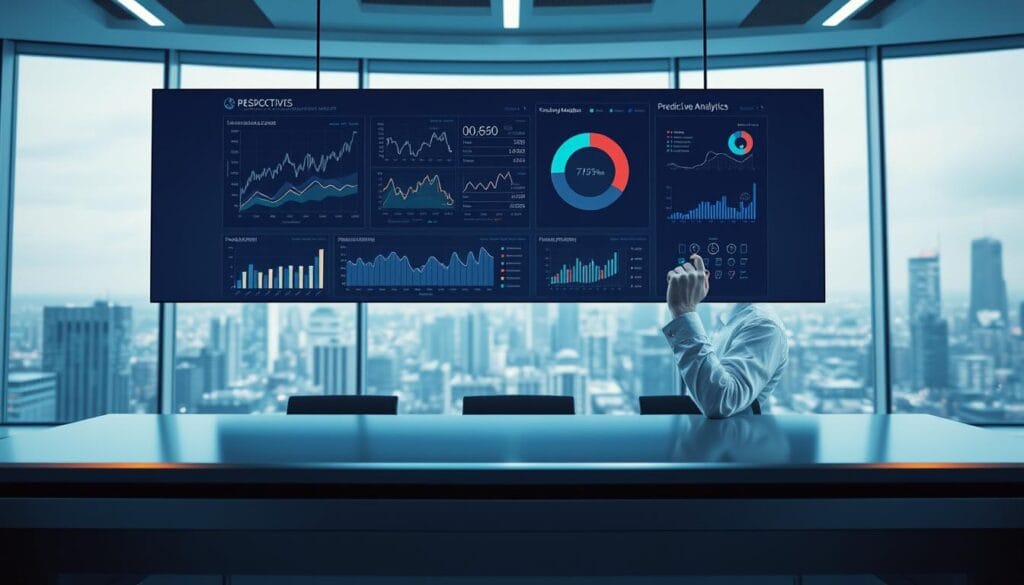 A dynamic data visualization dashboard hovering above a sleek, metallic desk. The dashboard displays intricate line graphs, pie charts, and scatter plots, illuminating trends and forecasts in the predictive analytics market. The foreground features sharp, high-contrast infographics and elegant UI elements, conveying a sense of sophisticated, cutting-edge technology. The middle ground depicts a thoughtful analyst, hand on chin, studying the insights with a focused expression. The background is a minimalist, futuristic office setting with large windows offering a panoramic cityscape view, bathed in cool, blue-tinted lighting that enhances the analytical, forward-looking atmosphere. A dynamic data visualization dashboard hovering above a sleek, metallic desk. The dashboard displays intricate line graphs, pie charts, and scatter plots, illuminating trends and forecasts in the predictive analytics market. The foreground features sharp, high-contrast infographics and elegant UI elements, conveying a sense of sophisticated, cutting-edge technology. The middle ground depicts a thoughtful analyst, hand on chin, studying the insights with a focused expression. The background is a minimalist, futuristic office setting with large windows offering a panoramic cityscape view, bathed in cool, blue-tinted lighting that enhances the analytical, forward-looking atmosphere.
