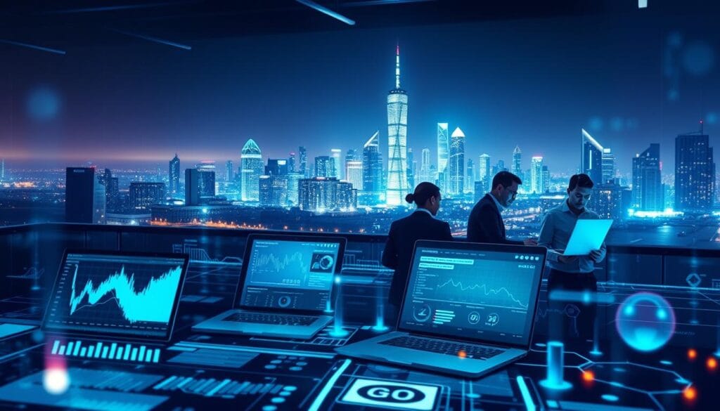 A dynamic digital transformation in the insurance industry. In the foreground, a futuristic interface with data analytics and AI-powered claims processing. In the middle ground, a team of insurance agents collaborating on laptop screens, streamlining workflows. In the background, a city skyline reflecting the industry's evolving technological landscape. The scene is bathed in a cool, futuristic lighting, conveying a sense of progress and efficiency. The overall mood is one of innovation and modernization, capturing the essence of the insurance industry's evolution towards a digital-first future. A dynamic digital transformation in the insurance industry. In the foreground, a futuristic interface with data analytics and AI-powered claims processing. In the middle ground, a team of insurance agents collaborating on laptop screens, streamlining workflows. In the background, a city skyline reflecting the industry's evolving technological landscape. The scene is bathed in a cool, futuristic lighting, conveying a sense of progress and efficiency. The overall mood is one of innovation and modernization, capturing the essence of the insurance industry's evolution towards a digital-first future.
