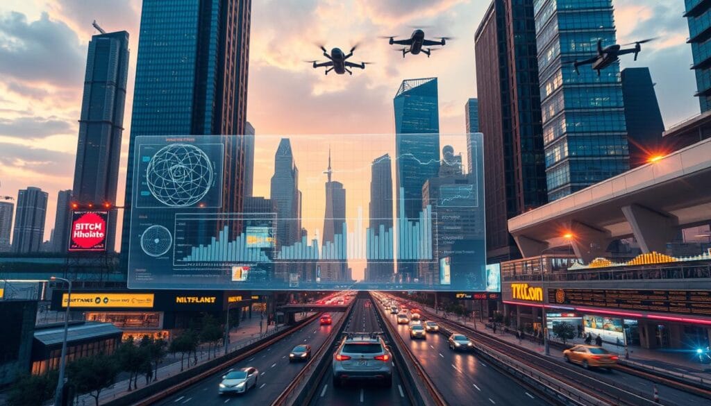 A dynamic, futuristic cityscape with towering skyscrapers and a vibrant, technological atmosphere. In the foreground, a transparent, holographic display showcases intricate data visualizations, graphs, and predictive analytics models related to insurance underwriting. Sleek, autonomous vehicles navigate the streets below, while drones and flying cars soar overhead. The lighting is a blend of warm, ambient tones and cool, neon accents, creating a sense of innovation and progress. The camera angle is slightly elevated, offering a panoramic view that captures the scale and integration of AI-driven insurance technology within the urban landscape.