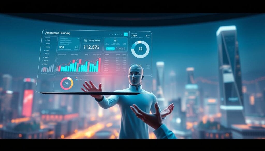 A dynamic futuristic scene depicting the advantages of AI-powered financial planning. In the foreground, a sleek, minimalist digital dashboard hovers mid-air, displaying vibrant visualization of investment portfolios, risk assessments, and optimization algorithms. In the middle ground, a stylized human figure interacts with the holographic interface using fluid hand gestures, their face serene and confident. The background is a softly lit, abstract cityscape, hinting at the broader technological advancements transforming the wealth management industry. The overall mood is one of cutting-edge innovation, efficiency, and human-AI collaboration. Captured with a cinematic wide-angle lens, high-key lighting, and a dreamlike color palette. A dynamic futuristic scene depicting the advantages of AI-powered financial planning. In the foreground, a sleek, minimalist digital dashboard hovers mid-air, displaying vibrant visualization of investment portfolios, risk assessments, and optimization algorithms. In the middle ground, a stylized human figure interacts with the holographic interface using fluid hand gestures, their face serene and confident. The background is a softly lit, abstract cityscape, hinting at the broader technological advancements transforming the wealth management industry. The overall mood is one of cutting-edge innovation, efficiency, and human-AI collaboration. Captured with a cinematic wide-angle lens, high-key lighting, and a dreamlike color palette.