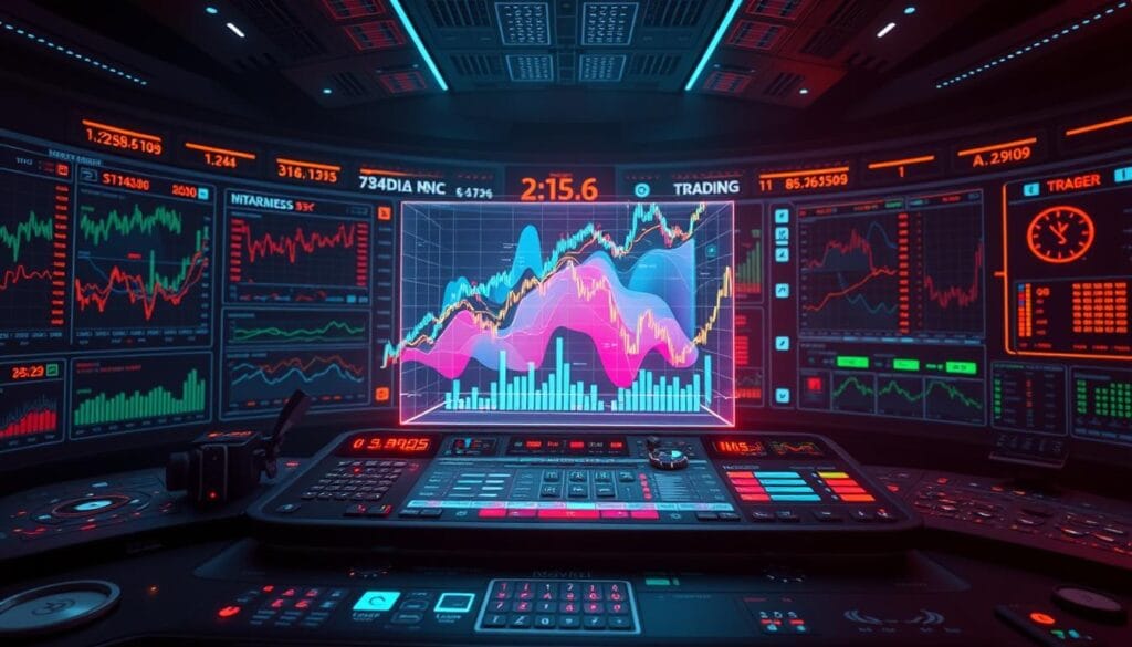 A dynamic futuristic trading interface with an array of interactive crypto charts, graphs, and AI-powered trading signals. In the foreground, a central dashboard showcases a myriad of customizable indicators and analytical tools. The middle ground features a 3D holographic representation of market trends, animated with vivid colors and fluid movements. In the background, a sleek control panel with numerous touch displays and voice commands, all bathed in a cool, neon-tinged lighting scheme. An atmosphere of precision, innovation, and data-driven decision-making permeates the scene, capturing the essence of AI-enhanced cryptocurrency trading strategies.