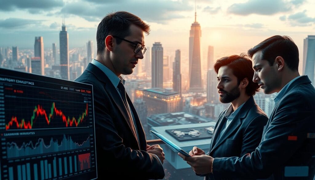 A dynamic, high-resolution digital illustration depicting stock market analysis in the digital age. The foreground features a sleek, modern financial dashboard with real-time stock data visualizations, interactive charts, and analytical insights. The middle ground showcases a team of analysts intently studying the dashboard, their expressions focused and determined. The background frames the scene with a panoramic view of a futuristic cityscape, with towering skyscrapers and a vibrant, innovation-driven atmosphere. Lighting is clean and precise, with a balance of warm and cool tones that convey a sense of technological sophistication. The overall composition conveys the evolution of investment research, blending human expertise with advanced AI-powered tools to drive informed decision-making. A dynamic, high-resolution digital illustration depicting stock market analysis in the digital age. The foreground features a sleek, modern financial dashboard with real-time stock data visualizations, interactive charts, and analytical insights. The middle ground showcases a team of analysts intently studying the dashboard, their expressions focused and determined. The background frames the scene with a panoramic view of a futuristic cityscape, with towering skyscrapers and a vibrant, innovation-driven atmosphere. Lighting is clean and precise, with a balance of warm and cool tones that convey a sense of technological sophistication. The overall composition conveys the evolution of investment research, blending human expertise with advanced AI-powered tools to drive informed decision-making.
