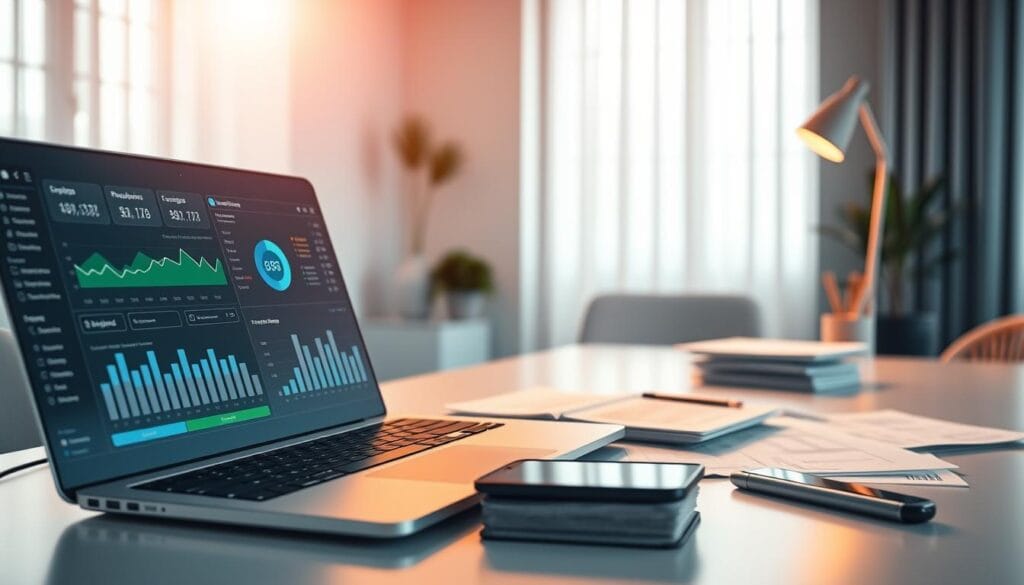 A dynamic, technology-driven financial dashboard showcasing personalized budgeting strategies. In the foreground, an intuitive user interface with interactive charts, graphs, and expense tracking tools. In the middle ground, a sleek and modern desktop setup, with a laptop, smartphone, and tangible financial documents. The background depicts a serene, minimalist office space bathed in soft, warm lighting, conveying a sense of efficiency and control over personal finances. The overall atmosphere is one of seamless integration between digital and physical personal finance management, empowering the user to automate their budgeting and optimize their financial well-being. A dynamic, technology-driven financial dashboard showcasing personalized budgeting strategies. In the foreground, an intuitive user interface with interactive charts, graphs, and expense tracking tools. In the middle ground, a sleek and modern desktop setup, with a laptop, smartphone, and tangible financial documents. The background depicts a serene, minimalist office space bathed in soft, warm lighting, conveying a sense of efficiency and control over personal finances. The overall atmosphere is one of seamless integration between digital and physical personal finance management, empowering the user to automate their budgeting and optimize their financial well-being.
