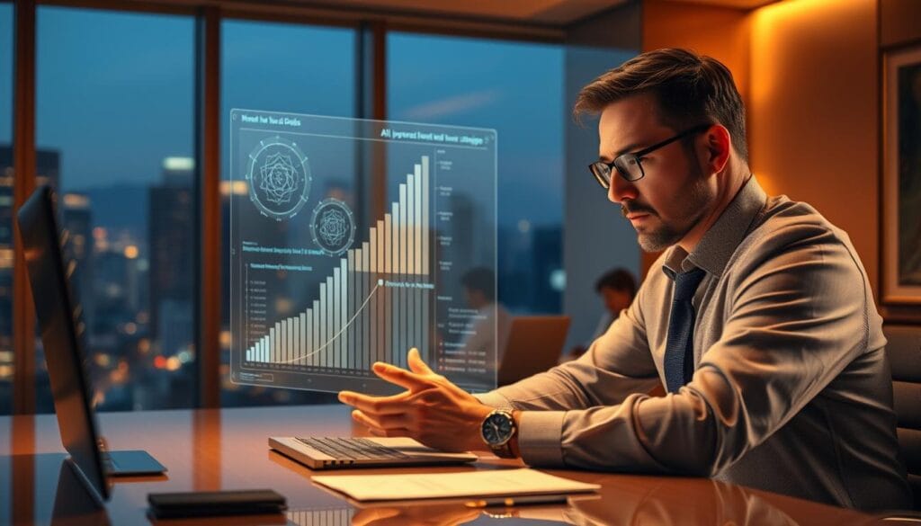 A financial advisor sits at a desk, intently studying a holographic display showcasing AI-powered investment strategies. The scene is bathed in a warm, amber glow, creating a contemplative atmosphere. In the background, a sleek, minimalist office with floor-to-ceiling windows overlooks a vibrant cityscape. The advisor's expression is one of deep concentration, as they meticulously analyze the data and consider the implications for their client's financial future. The prompt should capture the essence of this AI-powered financial decision-making process, highlighting the integration of technology and human expertise.