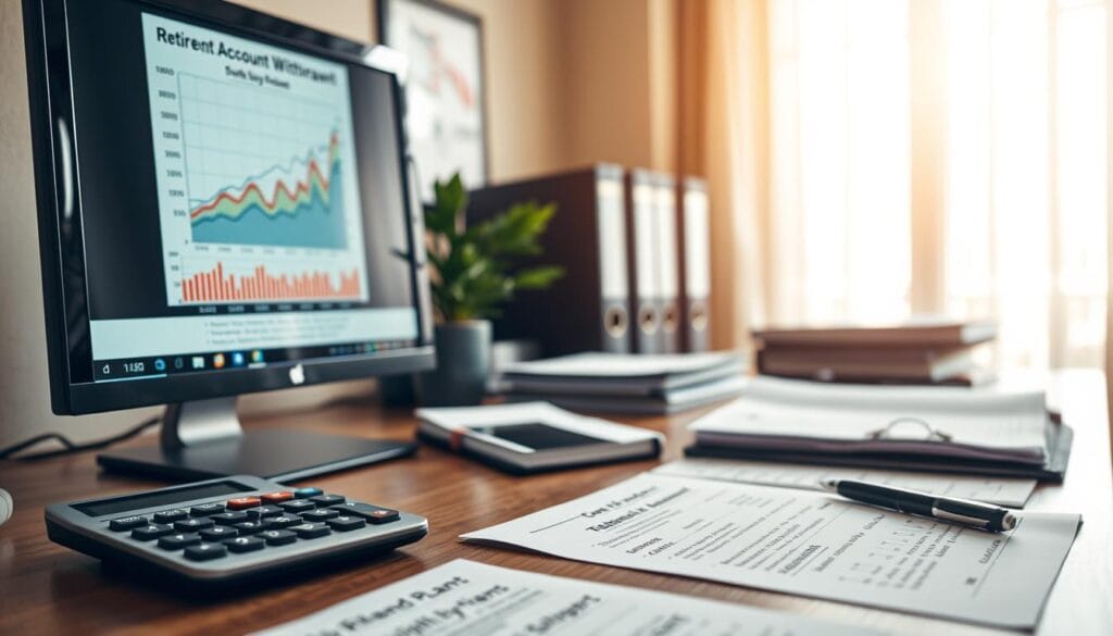 A financial advisor's desk, adorned with a calculator, pen, and documents detailing retirement account withdrawal strategies. The foreground showcases a computer screen displaying graphs and charts, illustrating the optimization of withdrawal plans. The middle ground features books and folders, hinting at the detailed analysis required. The background depicts a warm, muted office setting, with a window providing natural light and a sense of tranquility, symbolizing the importance of thoughtful, long-term financial planning for a secure retirement.