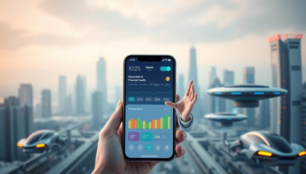 A financial wellness app powered by artificial intelligence, displayed on a modern smartphone screen. The app's interface features clean lines, vibrant colors, and intuitive data visualizations that provide a comprehensive overview of the user's financial health. In the foreground, a 3D holographic avatar offers personalized financial advice, gesturing with a warm and friendly demeanor. The background depicts a futuristic cityscape, with skyscrapers and hover-cars reflecting the technological advancements of the year 2025. Soft, diffused lighting creates a sense of calm and reassurance, while the overall composition evokes a mood of progress, security, and empowerment. A financial wellness app powered by artificial intelligence, displayed on a modern smartphone screen. The app's interface features clean lines, vibrant colors, and intuitive data visualizations that provide a comprehensive overview of the user's financial health. In the foreground, a 3D holographic avatar offers personalized financial advice, gesturing with a warm and friendly demeanor. The background depicts a futuristic cityscape, with skyscrapers and hover-cars reflecting the technological advancements of the year 2025. Soft, diffused lighting creates a sense of calm and reassurance, while the overall composition evokes a mood of progress, security, and empowerment.