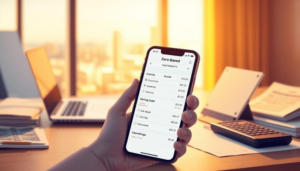A finely detailed illustration of a zero-based budgeting system, captured in a clean, minimalist style. The foreground depicts a smartphone screen displaying a YNAB-style budgeting app, with clear categorization of income, expenses, and savings goals. The middle ground showcases a desk environment, complete with a laptop, calculator, and organized financial documents, conveying a sense of intentional money management. The background features a soft, blurred cityscape, hinting at the real-world application of this budgeting technique. Warm, directional lighting illuminates the scene, creating a focused, productive atmosphere. The overall composition emphasizes the accessibility and transformative power of a zero-based approach to personal finance. A finely detailed illustration of a zero-based budgeting system, captured in a clean, minimalist style. The foreground depicts a smartphone screen displaying a YNAB-style budgeting app, with clear categorization of income, expenses, and savings goals. The middle ground showcases a desk environment, complete with a laptop, calculator, and organized financial documents, conveying a sense of intentional money management. The background features a soft, blurred cityscape, hinting at the real-world application of this budgeting technique. Warm, directional lighting illuminates the scene, creating a focused, productive atmosphere. The overall composition emphasizes the accessibility and transformative power of a zero-based approach to personal finance.