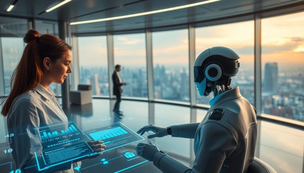 A futuristic advisory hub with seamless integration of digital and human expertise. In the foreground, a sleek, holographic interface displays personalized investment plans and tax optimization strategies. Amidst a minimalist, glass-and-steel backdrop, virtual advisors and autonomous investment bots collaborate, their movements fluid and responsive. Soft, ambient lighting sets a calming, high-tech atmosphere, while the distant cityscape beyond the panoramic windows suggests a connected, efficient financial landscape. Precise camera angles capture the synergy between human and artificial intelligence, showcasing the evolution of hybrid advisory models in 2025. A futuristic advisory hub with seamless integration of digital and human expertise. In the foreground, a sleek, holographic interface displays personalized investment plans and tax optimization strategies. Amidst a minimalist, glass-and-steel backdrop, virtual advisors and autonomous investment bots collaborate, their movements fluid and responsive. Soft, ambient lighting sets a calming, high-tech atmosphere, while the distant cityscape beyond the panoramic windows suggests a connected, efficient financial landscape. Precise camera angles capture the synergy between human and artificial intelligence, showcasing the evolution of hybrid advisory models in 2025.