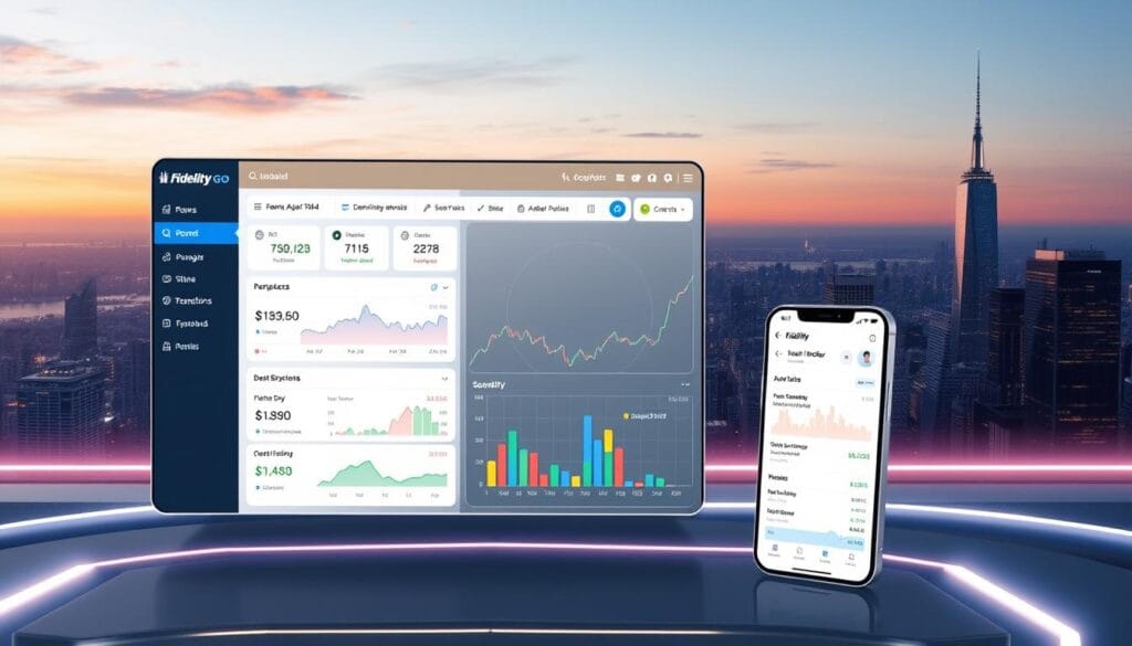 A futuristic and minimalist user interface for Fidelity Go, a low-cost robo-advisor platform. The foreground features a clean dashboard with intuitive controls, sleek typography, and color-coded investment data visualizations. The middle ground showcases a responsive mobile app interface, seamlessly synced with the desktop version. The background depicts a serene cityscape, hinting at the platform's global accessibility and long-term investment horizon. The overall aesthetic conveys a sense of modern professionalism, technological sophistication, and financial security, tailored for the discerning investor seeking a straightforward path to passive income. A futuristic and minimalist user interface for Fidelity Go, a low-cost robo-advisor platform. The foreground features a clean dashboard with intuitive controls, sleek typography, and color-coded investment data visualizations. The middle ground showcases a responsive mobile app interface, seamlessly synced with the desktop version. The background depicts a serene cityscape, hinting at the platform's global accessibility and long-term investment horizon. The overall aesthetic conveys a sense of modern professionalism, technological sophistication, and financial security, tailored for the discerning investor seeking a straightforward path to passive income.