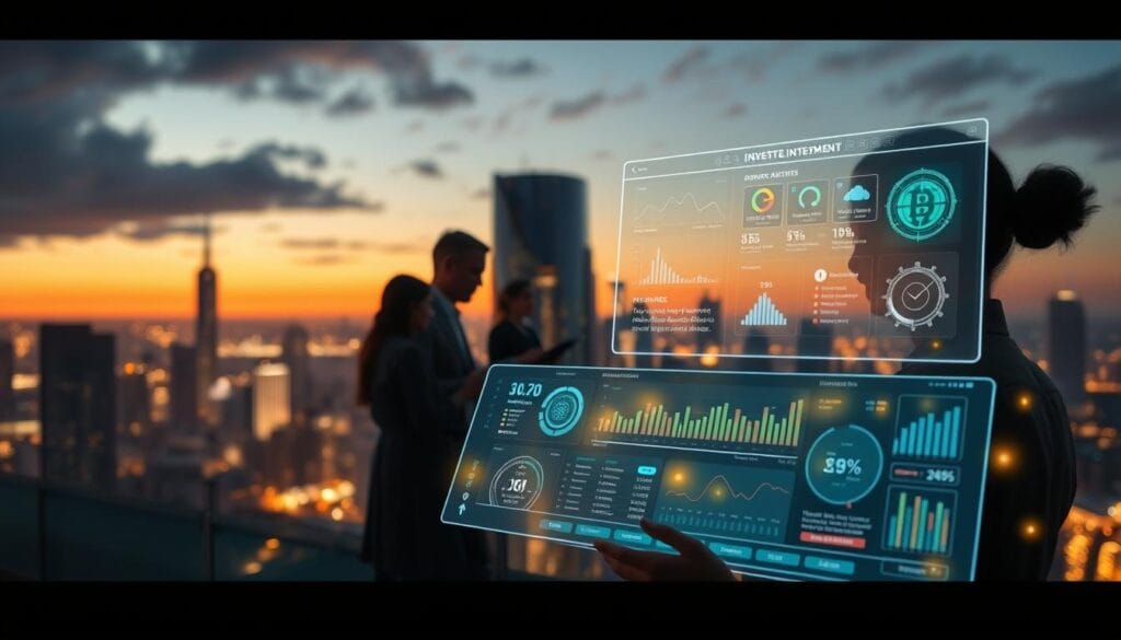 A futuristic and sleek fintech platform with a holographic interface, set against a backdrop of a dynamic cityscape. In the foreground, a user interacts with the platform, exploring a range of alternative investment options through intuitive data visualizations and AI-powered analysis tools. The middle ground features a team of financial advisors collaborating remotely, using the platform to provide personalized guidance to their small business clients. In the background, a skyline of towering skyscrapers and glowing holograms conveys a sense of technological innovation and growth. The lighting is a blend of warm and cool tones, creating a professional yet approachable atmosphere. A futuristic and sleek fintech platform with a holographic interface, set against a backdrop of a dynamic cityscape. In the foreground, a user interacts with the platform, exploring a range of alternative investment options through intuitive data visualizations and AI-powered analysis tools. The middle ground features a team of financial advisors collaborating remotely, using the platform to provide personalized guidance to their small business clients. In the background, a skyline of towering skyscrapers and glowing holograms conveys a sense of technological innovation and growth. The lighting is a blend of warm and cool tones, creating a professional yet approachable atmosphere.