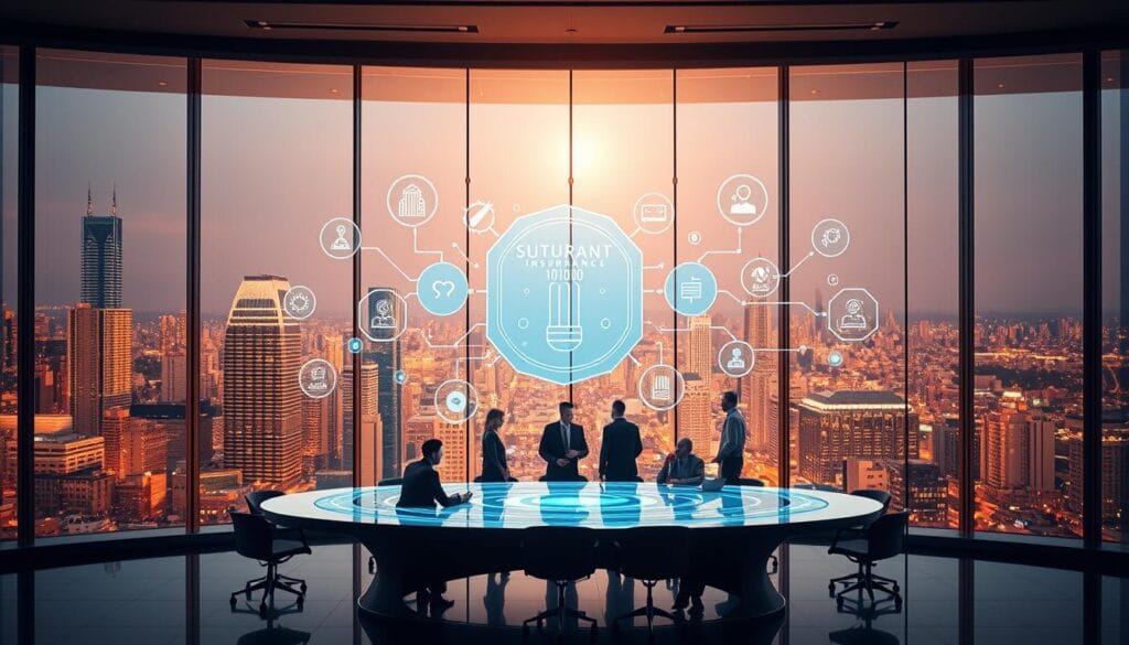 A futuristic and sleek office interior with a large, gleaming glass wall overlooking a bustling city skyline. In the foreground, a holographic display showcases a series of automated insurance processes, with smart contract icons and blockchain visualizations floating ethereally. The lighting is warm and focused, creating a sense of advanced technology and innovation. In the middle ground, a team of professionals in business attire collaborate around a curved, minimalist conference table, discussing the integration of these new insurance models. The background features a serene, ambient glow, hinting at the technological advancements that will revolutionize the insurance industry in the year 2025. A futuristic and sleek office interior with a large, gleaming glass wall overlooking a bustling city skyline. In the foreground, a holographic display showcases a series of automated insurance processes, with smart contract icons and blockchain visualizations floating ethereally. The lighting is warm and focused, creating a sense of advanced technology and innovation. In the middle ground, a team of professionals in business attire collaborate around a curved, minimalist conference table, discussing the integration of these new insurance models. The background features a serene, ambient glow, hinting at the technological advancements that will revolutionize the insurance industry in the year 2025.