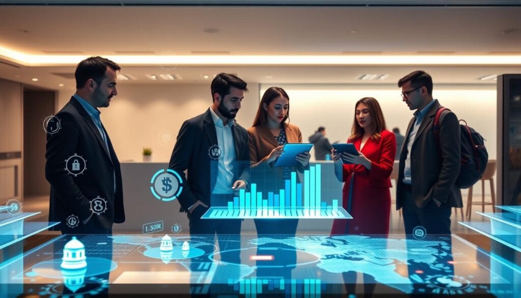 A futuristic banking interface showcasing global currency exchange and seamless cross-border transactions. In the foreground, a sleek holographic display presents floating icons and interactive graphs, highlighting the versatility of a multi-currency digital wallet. In the middle ground, a diverse group of professionals in casual attire collaborate around a shared touchscreen, discussing investment opportunities with real-time market data. The background depicts a minimalist, tech-savvy office space bathed in soft, indirect lighting, conveying a sense of innovation and international connectivity. The overall mood is one of efficiency, accessibility, and the empowerment of global citizens in the digital age. A futuristic banking interface showcasing global currency exchange and seamless cross-border transactions. In the foreground, a sleek holographic display presents floating icons and interactive graphs, highlighting the versatility of a multi-currency digital wallet. In the middle ground, a diverse group of professionals in casual attire collaborate around a shared touchscreen, discussing investment opportunities with real-time market data. The background depicts a minimalist, tech-savvy office space bathed in soft, indirect lighting, conveying a sense of innovation and international connectivity. The overall mood is one of efficiency, accessibility, and the empowerment of global citizens in the digital age.