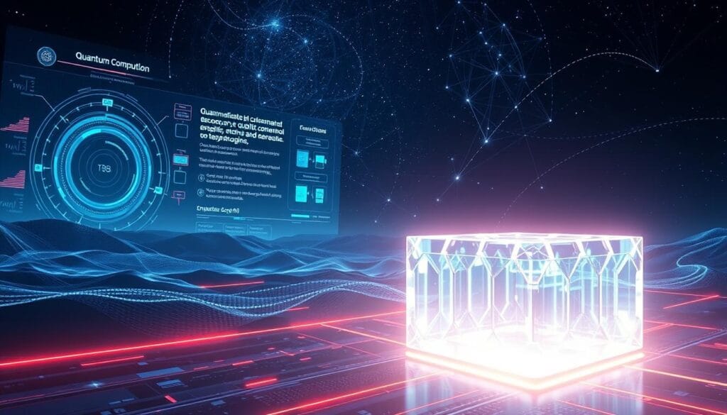 A futuristic, cinematic landscape depicting the evolution of quantum computing technologies. In the foreground, a sleek, crystalline quantum computer glows with an ethereal light, surrounded by swirling data visualizations. In the middle ground, holographic projections showcase the rapid advancements in qubit control, error correction, and algorithmic breakthroughs. The background features a vast, cosmic backdrop, with quantum entanglement represented by intricate, interconnected lines of light, hinting at the profound implications of quantum mechanics for the future of computing and its impact on finance and portfolio optimization. Lighting is a mix of cool, futuristic tones and warm, glowing highlights, creating a sense of technological awe and progression. A futuristic, cinematic landscape depicting the evolution of quantum computing technologies. In the foreground, a sleek, crystalline quantum computer glows with an ethereal light, surrounded by swirling data visualizations. In the middle ground, holographic projections showcase the rapid advancements in qubit control, error correction, and algorithmic breakthroughs. The background features a vast, cosmic backdrop, with quantum entanglement represented by intricate, interconnected lines of light, hinting at the profound implications of quantum mechanics for the future of computing and its impact on finance and portfolio optimization. Lighting is a mix of cool, futuristic tones and warm, glowing highlights, creating a sense of technological awe and progression.