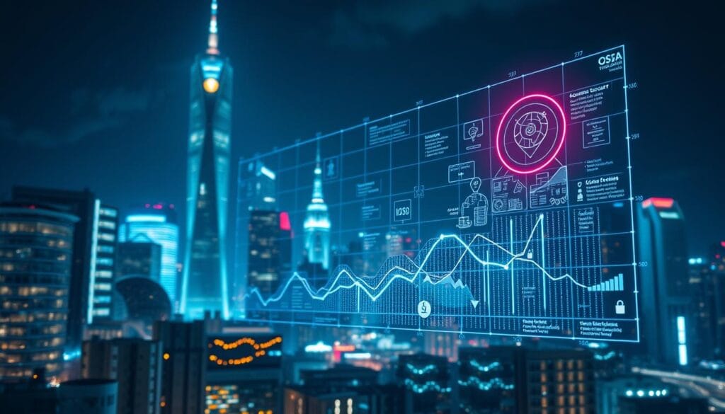 A futuristic city skyline at night, glowing with the light of skyscrapers and holographic displays. In the foreground, a dynamic graph or chart visualizing cyber security trends and innovations in the field of ransomware insurance. Intricate data visualizations and infographics hover in mid-air, illuminated by a cool, neon-tinged lighting scheme. The scene conveys a sense of technological advancement, data-driven decision making, and the evolving landscape of digital risk management. The composition highlights the intersection of cybersecurity, insurance, and innovative solutions to protect against ransomware attacks. A futuristic city skyline at night, glowing with the light of skyscrapers and holographic displays. In the foreground, a dynamic graph or chart visualizing cyber security trends and innovations in the field of ransomware insurance. Intricate data visualizations and infographics hover in mid-air, illuminated by a cool, neon-tinged lighting scheme. The scene conveys a sense of technological advancement, data-driven decision making, and the evolving landscape of digital risk management. The composition highlights the intersection of cybersecurity, insurance, and innovative solutions to protect against ransomware attacks.