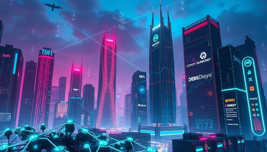 A futuristic cityscape adorned with glowing holographic displays, showcasing the dynamic world of decentralized finance (DeFi) and smart contract platforms. In the foreground, a network of interconnected blockchain nodes stands tall, their intricate circuitry pulsing with energy. Towering skyscrapers in the middle ground feature cutting-edge architectural designs, their facades emblazoned with the logos of leading DeFi and smart contract platforms. The background is bathed in a vibrant, neon-tinged atmosphere, with holographic projections and data visualizations illuminating the sky, creating a sense of technological innovation and progress. The overall scene conveys a vision of a thriving, decentralized financial ecosystem, where technology and finance seamlessly converge.