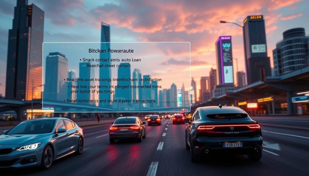 A futuristic cityscape at dusk, with sleek autonomous vehicles navigating the streets. In the foreground, a holographic display showcases the details of a blockchain-powered auto loan, including smart contract terms, real-time asset tracking, and secure peer-to-peer transactions. The middle ground features gleaming skyscrapers and intelligent transportation infrastructure, while the background is illuminated by a vibrant, neon-lit skyline. The scene conveys a sense of technological advancement, financial innovation, and a seamless integration of blockchain technology into the automotive industry. A futuristic cityscape at dusk, with sleek autonomous vehicles navigating the streets. In the foreground, a holographic display showcases the details of a blockchain-powered auto loan, including smart contract terms, real-time asset tracking, and secure peer-to-peer transactions. The middle ground features gleaming skyscrapers and intelligent transportation infrastructure, while the background is illuminated by a vibrant, neon-lit skyline. The scene conveys a sense of technological advancement, financial innovation, and a seamless integration of blockchain technology into the automotive industry.