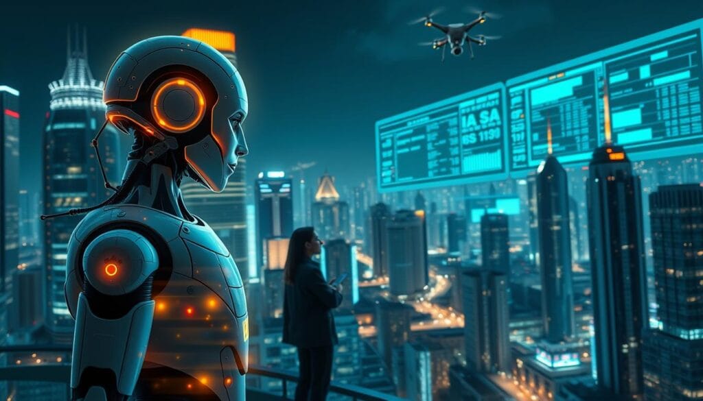 A futuristic cityscape at night, glowing with the lights of skyscrapers and holograms. In the foreground, a stylized AI assistant stands before a holographic display, analyzing complex financial regulations and compliance data. The middle ground features a team of regulatory experts and compliance officers collaborating with the AI, their faces illuminated by the screen's glow. The background showcases the bustling metropolis, with flying vehicles and drones monitoring the city's financial activity. The scene conveys a sense of technological sophistication, financial security, and the harmonious integration of AI and regulatory compliance.