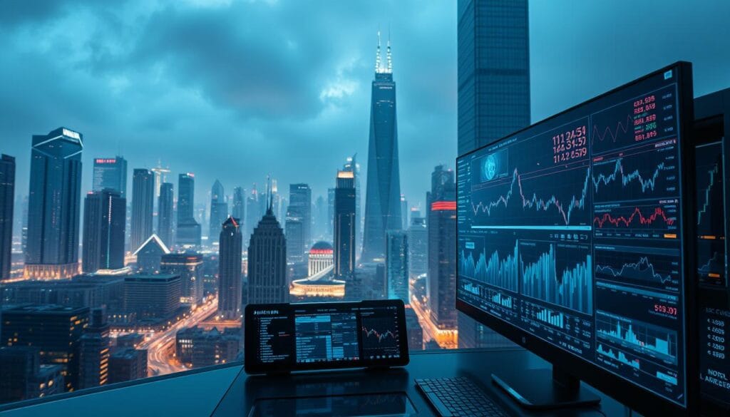 A futuristic cityscape at night, with towering glass skyscrapers and a sprawling financial district. In the foreground, a sleek, high-tech trading terminal is displayed, its screens filled with dynamic charts, graphs, and data visualizations. Holographic interfaces and AI-driven algorithms analyze market trends and generate forecasts, casting an ethereal glow across the scene. The lighting is a cool, neon-tinged palette, creating a sense of technological sophistication and innovation. The perspective is slightly elevated, allowing the viewer to take in the scale and complexity of the AI-powered financial landscape. A futuristic cityscape at night, with towering glass skyscrapers and a sprawling financial district. In the foreground, a sleek, high-tech trading terminal is displayed, its screens filled with dynamic charts, graphs, and data visualizations. Holographic interfaces and AI-driven algorithms analyze market trends and generate forecasts, casting an ethereal glow across the scene. The lighting is a cool, neon-tinged palette, creating a sense of technological sophistication and innovation. The perspective is slightly elevated, allowing the viewer to take in the scale and complexity of the AI-powered financial landscape.