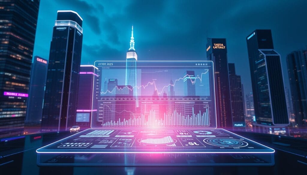 A futuristic cityscape at night, with towering skyscrapers and holographic displays projecting financial data. In the foreground, a sleek, transparent interface hovers above a desk, displaying intricate graphs and charts. Artificial intelligence algorithms analyze cash flow patterns, making predictive forecasts. Ambient blue and purple lighting creates a serene, technological atmosphere. The scene is captured through a wide-angle lens, emphasizing the scale and complexity of the financial landscape of 2025. A futuristic cityscape at night, with towering skyscrapers and holographic displays projecting financial data. In the foreground, a sleek, transparent interface hovers above a desk, displaying intricate graphs and charts. Artificial intelligence algorithms analyze cash flow patterns, making predictive forecasts. Ambient blue and purple lighting creates a serene, technological atmosphere. The scene is captured through a wide-angle lens, emphasizing the scale and complexity of the financial landscape of 2025.