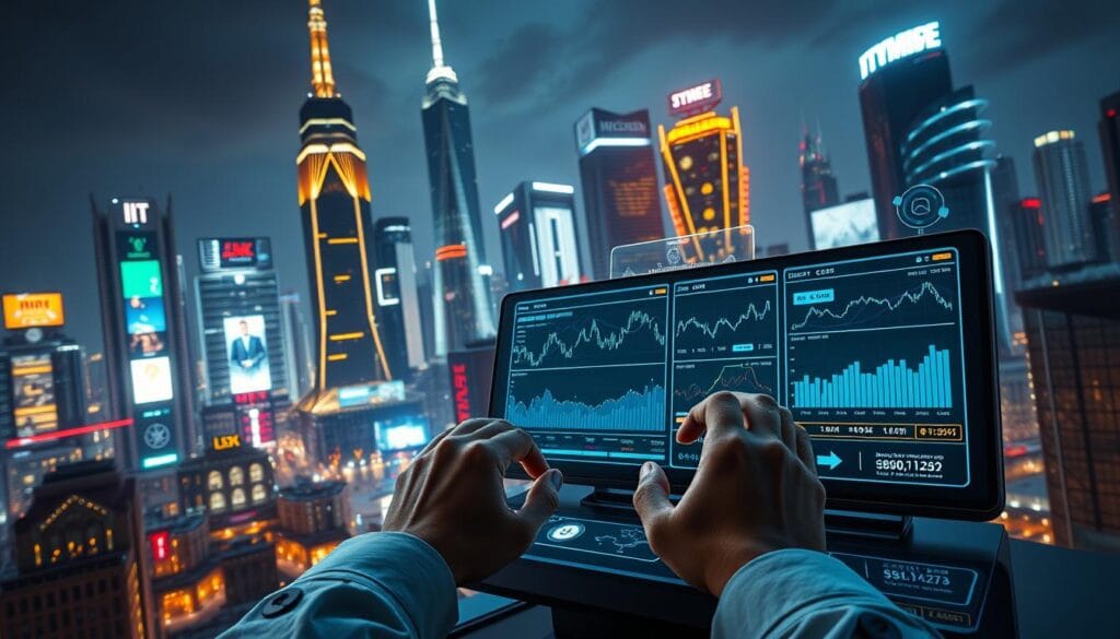 A futuristic cityscape at night, with towering skyscrapers and neon-lit billboards. In the foreground, a sleek and futuristic-looking trading terminal, its screens displaying real-time cryptocurrency data and complex algorithmic charts. Floating holographic interfaces and touch-based controls surround the terminal, with the user's hands manipulating the data with fluid, precise movements. A sense of technological sophistication and automation pervades the scene, conveying the power and precision of modern cryptocurrency trading strategies.