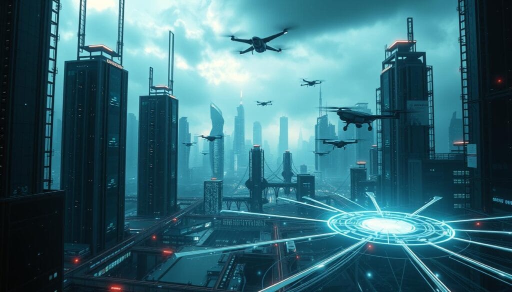 A futuristic cityscape bathed in a cool, eerie glow, with towering cybersecurity firewalls and intricate data networks protecting digital assets. In the foreground, a glowing holographic display showcases real-time threat analysis and breach prevention strategies. Sleek, angular security drones patrol the airspace, while advanced encryption algorithms and AI-powered anomaly detection systems monitor the network infrastructure. The atmosphere is one of vigilance and innovation, as researchers and cybersecurity experts work tirelessly to safeguard the digital frontier against evolving threats. A futuristic cityscape bathed in a cool, eerie glow, with towering cybersecurity firewalls and intricate data networks protecting digital assets. In the foreground, a glowing holographic display showcases real-time threat analysis and breach prevention strategies. Sleek, angular security drones patrol the airspace, while advanced encryption algorithms and AI-powered anomaly detection systems monitor the network infrastructure. The atmosphere is one of vigilance and innovation, as researchers and cybersecurity experts work tirelessly to safeguard the digital frontier against evolving threats.