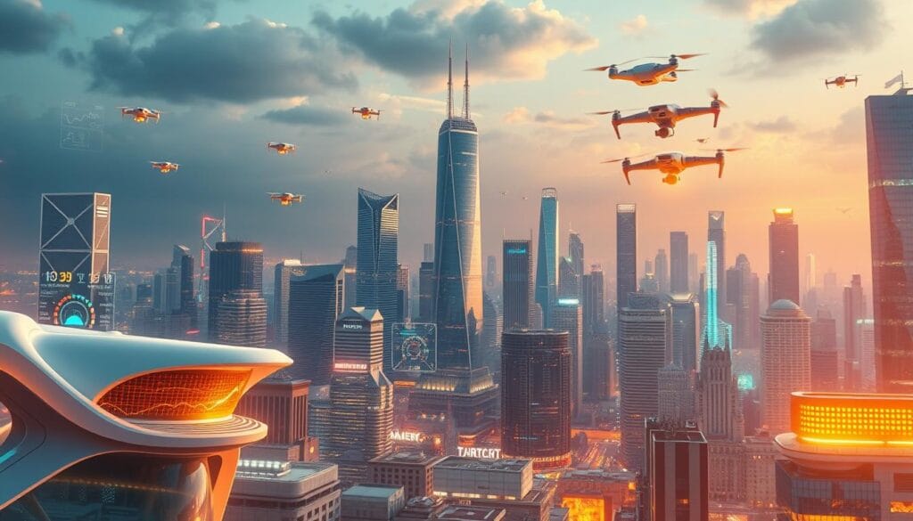 A futuristic cityscape bathed in a warm, golden glow. In the foreground, a diverse array of digital devices and interactive interfaces float and shimmer, showcasing the latest financial technology innovations. Sleek, minimalist designs with smooth, flowing forms. Holograms and augmented reality overlays provide real-time data and personalized insights. In the middle ground, towering skyscrapers with clean, angular architecture and shimmering glass facades. Autonomous vehicles and drones zip through the air, seamlessly integrated into the urban landscape. The background features a vibrant, technologically-advanced city skyline, pulsing with the energy of a thriving digital economy. A futuristic cityscape bathed in a warm, golden glow. In the foreground, a diverse array of digital devices and interactive interfaces float and shimmer, showcasing the latest financial technology innovations. Sleek, minimalist designs with smooth, flowing forms. Holograms and augmented reality overlays provide real-time data and personalized insights. In the middle ground, towering skyscrapers with clean, angular architecture and shimmering glass facades. Autonomous vehicles and drones zip through the air, seamlessly integrated into the urban landscape. The background features a vibrant, technologically-advanced city skyline, pulsing with the energy of a thriving digital economy.