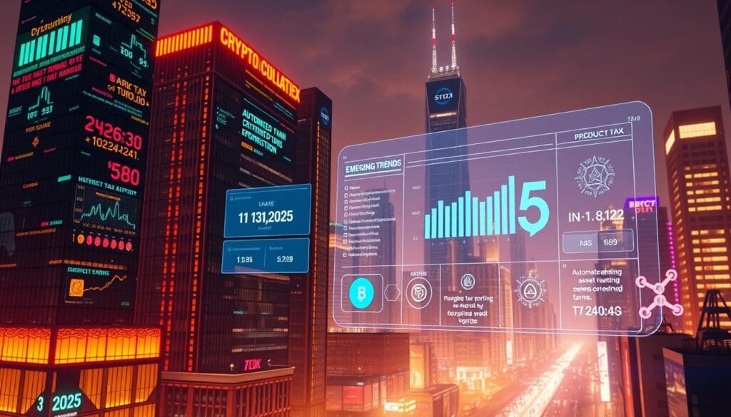 A futuristic cityscape bathed in a warm, neon glow. Towering skyscrapers adorned with holographic displays showcase real-time cryptocurrency market data and tax calculation tools. In the foreground, a sleek and minimalist crypto tax software interface floats as a transparent overlay, with intuitive controls and visualizations highlighting emerging trends such as automated tax reporting, cross-chain asset tracking, and AI-powered tax optimization. The scene conveys a sense of technological advancement, financial innovation, and a glimpse into the evolving world of cryptocurrency taxation in the year 2025.