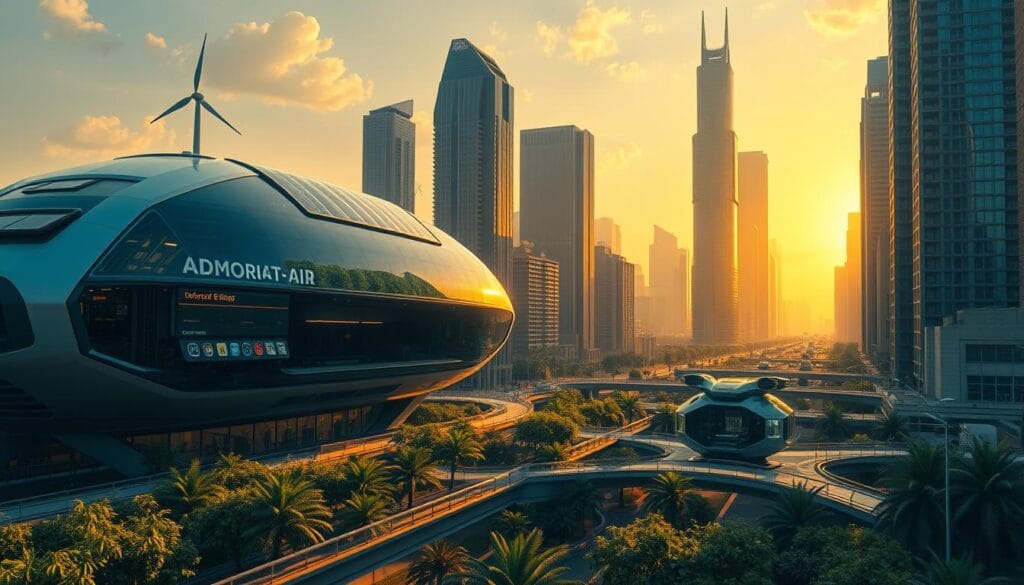 A futuristic cityscape bathed in warm, golden light. In the foreground, a sleek, modular structure housing cutting-edge adaptation resilience technologies: solar panels, wind turbines, water filtration systems, and intelligent climate control. The middle ground features hover-cars, pedestrian walkways, and lush, biodiverse greenery, showcasing integrated sustainable infrastructure. In the background, towering skyscrapers with bio-inspired architectural designs stand as symbols of urban adaptation and resilience. The scene exudes a sense of innovation, efficiency, and harmony between technology and nature, reflecting the ideal of a climate-resilient future.