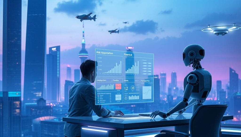 A futuristic cityscape in the background, with sleek skyscrapers and hover-cars gliding through the air. In the foreground, a person sits at a desk, intently studying a holographic display of financial data. Intelligent algorithms parse the information, highlighting risks and opportunities. Gentle blue and purple lighting creates a calming, technological atmosphere. A robotic assistant hovers nearby, ready to provide insights and recommendations. The scene conveys a seamless integration of AI-powered risk management into personal finance, shaping the financial landscape of the year 2025.