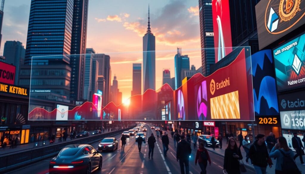 A futuristic cityscape, its towering skyscrapers and gleaming towers bathed in the warm glow of a setting sun. In the foreground, a holographic display showcases a fluctuating graph, representing the ebb and flow of the altcoin market. The graph is rendered in a vibrant array of colors, mirroring the dynamic and ever-changing nature of the cryptocurrency landscape. In the middle ground, sleek, hover-like vehicles navigate the bustling streets, while pedestrians, their faces illuminated by the glow of their digital devices, move with a sense of anticipation and purpose. The background is a kaleidoscope of neon lights and holographic billboards, creating an immersive and technologically advanced atmosphere. The overall scene conveys a sense of excitement and potential, hinting at the transformative power of the altcoin market in the year 2025.