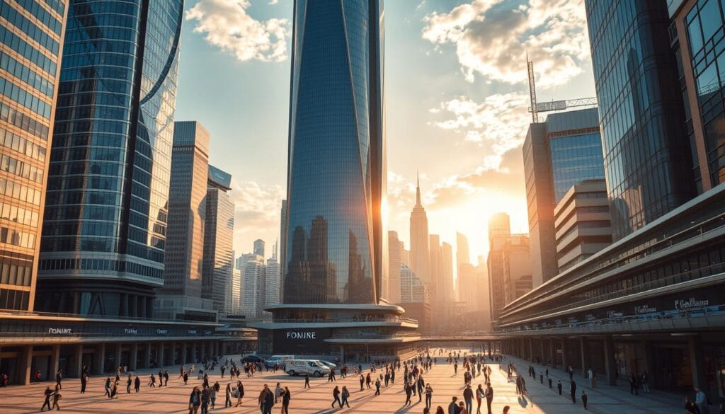 A futuristic cityscape of financial institutions, towering skyscrapers with sleek, modern architecture and gleaming glass facades. In the foreground, a bustling plaza with people walking and interacting, conveying a sense of activity and progress. The middle ground features an array of buildings, each with distinctive architectural styles that showcase the evolving nature of the financial sector. In the background, a vibrant skyline with a blend of traditional and innovative structures, hinting at the transformative forces driving the industry forward. The scene is bathed in a warm, golden light, creating a sense of optimism and opportunity. The overall atmosphere conveys the dynamism and adaptability of the financial services landscape, poised to embrace the transformative power of AI in 2025.