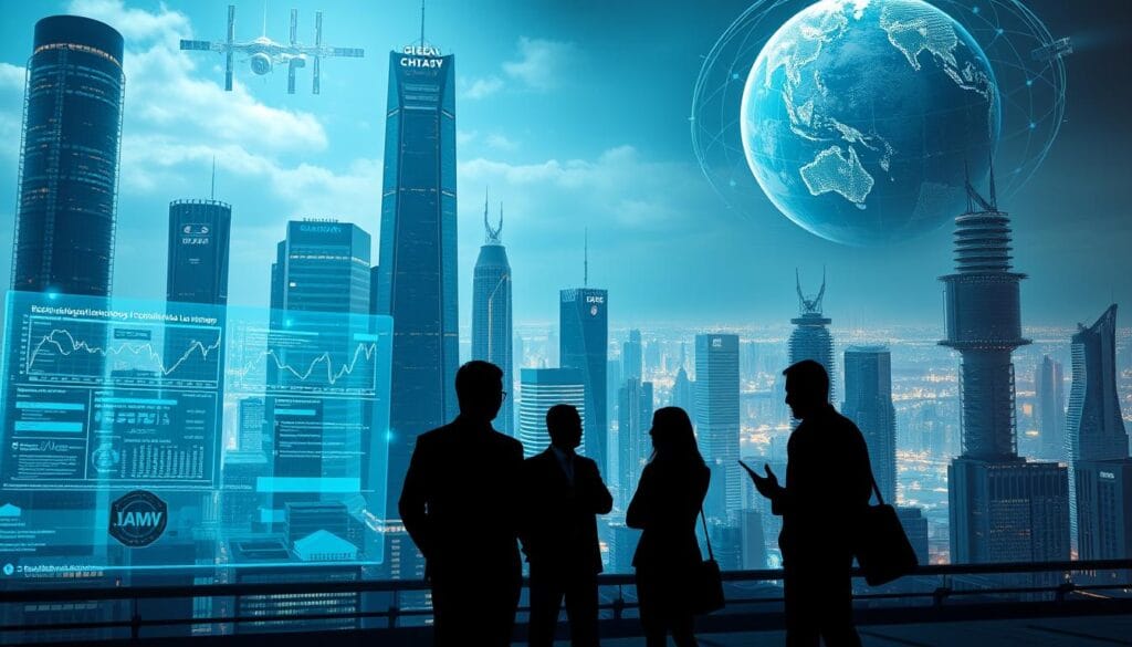 A futuristic cityscape of gleaming skyscrapers, interconnected by a web of advanced infrastructure, symbolizing the global regulatory compliance landscape. In the foreground, a series of holographic displays showcases intricate financial data and regulatory frameworks, casting an ethereal glow across the scene. The middle ground features silhouettes of business executives engaged in animated discussions, navigating the complexities of this evolving financial ecosystem. In the background, a network of satellites and communication satellites orbits the Earth, representing the borderless, interconnected nature of the modern global economy. The lighting is a blend of cool, futuristic hues, creating a sense of harmony and order amidst the dynamic interplay of technology, finance, and regulation. A futuristic cityscape of gleaming skyscrapers, interconnected by a web of advanced infrastructure, symbolizing the global regulatory compliance landscape. In the foreground, a series of holographic displays showcases intricate financial data and regulatory frameworks, casting an ethereal glow across the scene. The middle ground features silhouettes of business executives engaged in animated discussions, navigating the complexities of this evolving financial ecosystem. In the background, a network of satellites and communication satellites orbits the Earth, representing the borderless, interconnected nature of the modern global economy. The lighting is a blend of cool, futuristic hues, creating a sense of harmony and order amidst the dynamic interplay of technology, finance, and regulation.