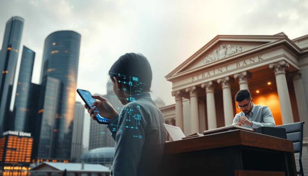 A futuristic cityscape with a modern glass-and-steel skyline on the left, representing the digital, technology-driven financial solutions of the future. On the right, a traditional brick-and-mortar bank building with grand columns and ornate architecture, a symbol of the established banking industry. In the center, a dynamic contrast - a person using a sleek, holographic financial interface on a smartphone, juxtaposed against a person writing in a ledger at a wooden desk inside the bank. Soft, warm lighting illuminates the scene, creating a sense of transition and progress. The image conveys the evolution of financial services, from traditional to innovative digital solutions. A futuristic cityscape with a modern glass-and-steel skyline on the left, representing the digital, technology-driven financial solutions of the future. On the right, a traditional brick-and-mortar bank building with grand columns and ornate architecture, a symbol of the established banking industry. In the center, a dynamic contrast - a person using a sleek, holographic financial interface on a smartphone, juxtaposed against a person writing in a ledger at a wooden desk inside the bank. Soft, warm lighting illuminates the scene, creating a sense of transition and progress. The image conveys the evolution of financial services, from traditional to innovative digital solutions.
