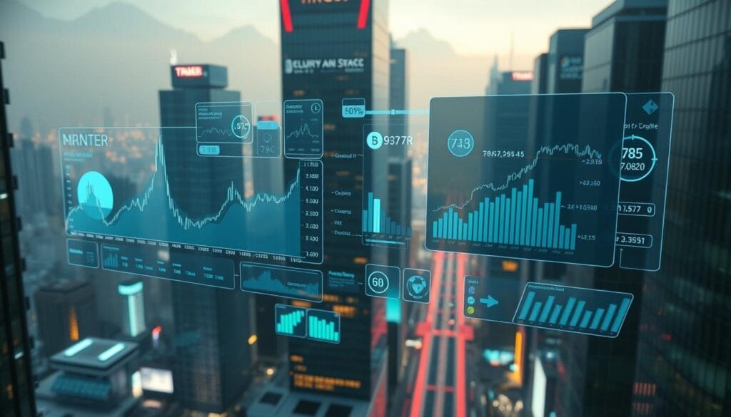 A futuristic cityscape with skyscrapers and holographic displays, illuminated by a neon glow, serves as the backdrop for a dynamic cryptocurrency market performance visualization. In the foreground, a series of 3D holographic graphs, charts, and data visualizations float in the air, depicting real-time cryptocurrency trading activity, price fluctuations, and market trends. The visualization is presented with a sleek, minimalist design and a color palette of blues, greens, and blacks, creating a sense of technological sophistication and innovation. The scene is captured from a high angle, allowing the viewer to observe the entire scope of the cryptocurrency market performance in a immersive and engaging manner. A futuristic cityscape with skyscrapers and holographic displays, illuminated by a neon glow, serves as the backdrop for a dynamic cryptocurrency market performance visualization. In the foreground, a series of 3D holographic graphs, charts, and data visualizations float in the air, depicting real-time cryptocurrency trading activity, price fluctuations, and market trends. The visualization is presented with a sleek, minimalist design and a color palette of blues, greens, and blacks, creating a sense of technological sophistication and innovation. The scene is captured from a high angle, allowing the viewer to observe the entire scope of the cryptocurrency market performance in a immersive and engaging manner.