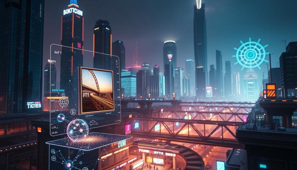 A futuristic cityscape with towering blockchain-inspired skyscrapers and floating holographic data visualizations. In the foreground, a digital art piece is being tokenized on a sleek transparent display, with floating interface elements and shimmering particles. The middle ground features a busy marketplace where digital art NFTs are being traded and auctioned. The background depicts a vibrant, neon-tinged urban landscape, with bridges, transport hubs, and holograms casting a technological glow. Dramatic lighting, clean lines, and a sense of technological wonder pervade the scene, capturing the essence of "Tokenized Art Investments 2025". A futuristic cityscape with towering blockchain-inspired skyscrapers and floating holographic data visualizations. In the foreground, a digital art piece is being tokenized on a sleek transparent display, with floating interface elements and shimmering particles. The middle ground features a busy marketplace where digital art NFTs are being traded and auctioned. The background depicts a vibrant, neon-tinged urban landscape, with bridges, transport hubs, and holograms casting a technological glow. Dramatic lighting, clean lines, and a sense of technological wonder pervade the scene, capturing the essence of "Tokenized Art Investments 2025".