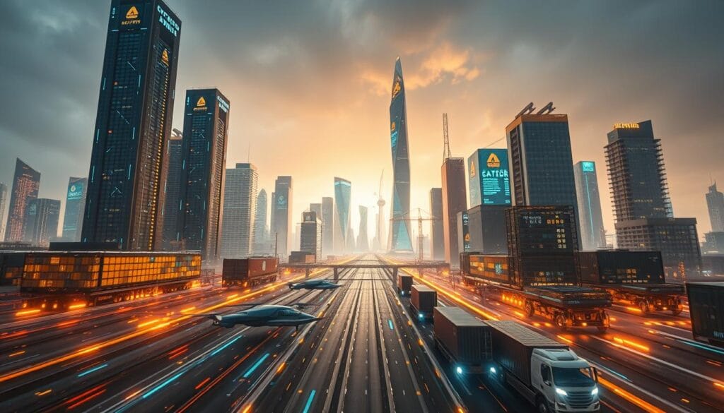 A futuristic cityscape with towering, gleaming blockchain-inspired skyscrapers. In the foreground, a network of transparent supply chain nodes and digital ledgers, pulsing with real-time transaction data. In the middle ground, autonomous delivery drones and self-driving cargo containers navigating a seamless, hyper-efficient logistics system. The background bathes in a warm, techno-organic glow, hinting at the advanced AI and IoT integrations powering this blockchain-driven supply chain finance ecosystem. Dramatic lighting from multiple angles emphasizes the dynamism and innovation of this scene, captured through a wide-angle, cinematic lens. A futuristic cityscape with towering, gleaming blockchain-inspired skyscrapers. In the foreground, a network of transparent supply chain nodes and digital ledgers, pulsing with real-time transaction data. In the middle ground, autonomous delivery drones and self-driving cargo containers navigating a seamless, hyper-efficient logistics system. The background bathes in a warm, techno-organic glow, hinting at the advanced AI and IoT integrations powering this blockchain-driven supply chain finance ecosystem. Dramatic lighting from multiple angles emphasizes the dynamism and innovation of this scene, captured through a wide-angle, cinematic lens.