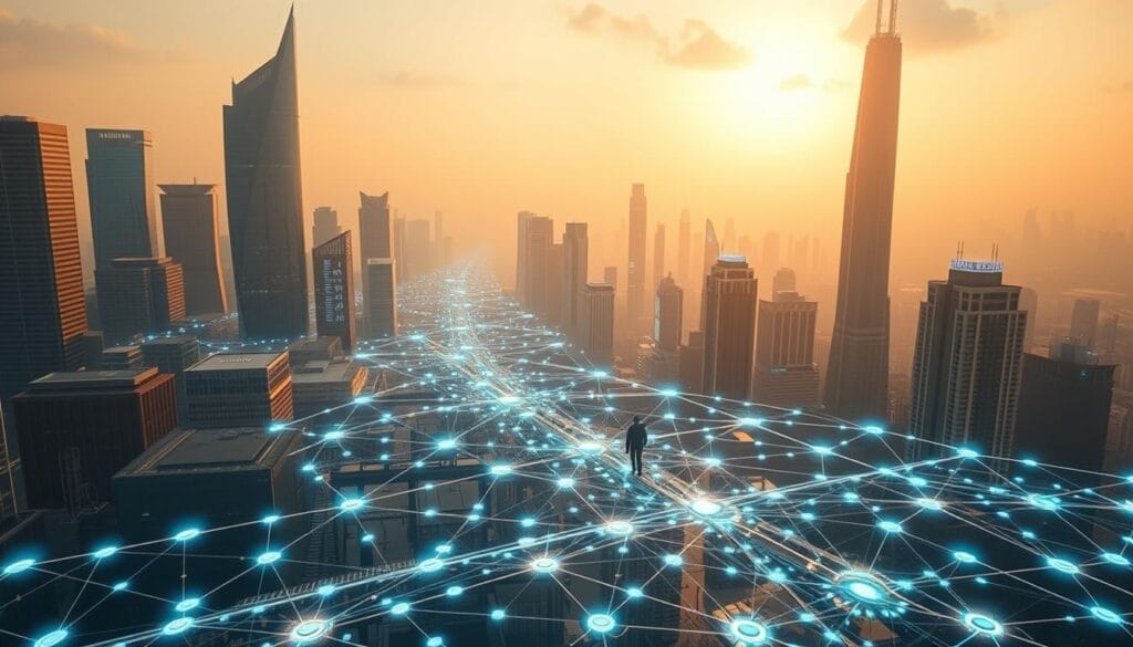 A futuristic cityscape with towering skyscrapers and gleaming architecture, illuminated by a warm, golden light filtering through a hazy sky. In the foreground, a intricate network of digital ledgers and blockchain nodes intertwine, their holographic displays casting a mesmerizing glow. Amidst the technological landscape, individuals navigate seamlessly, their movements punctuated by the pulsing rhythm of financial transactions. The scene conveys a sense of innovation, efficiency, and the transformative potential of distributed ledger technologies within the realm of trade finance. A futuristic cityscape with towering skyscrapers and gleaming architecture, illuminated by a warm, golden light filtering through a hazy sky. In the foreground, a intricate network of digital ledgers and blockchain nodes intertwine, their holographic displays casting a mesmerizing glow. Amidst the technological landscape, individuals navigate seamlessly, their movements punctuated by the pulsing rhythm of financial transactions. The scene conveys a sense of innovation, efficiency, and the transformative potential of distributed ledger technologies within the realm of trade finance.