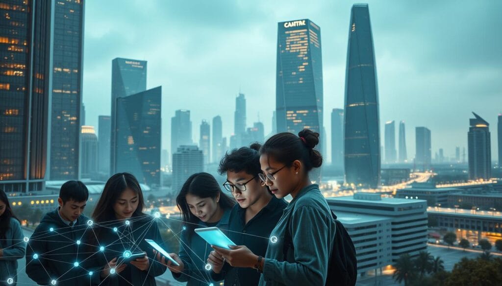 A futuristic cityscape with towering skyscrapers and gleaming holographic displays. In the foreground, a group of diverse students engrossed in their digital tablets, surrounded by a web of interconnected blockchain nodes. The middle ground features a sleek, high-tech university campus with clean lines and a minimalist aesthetic. Soft, diffused lighting illuminates the scene, casting a warm, inviting glow. In the background, the skyline is punctuated by advanced energy infrastructure and autonomous vehicles, symbolizing the integration of blockchain technology into all aspects of modern society. The overall mood is one of innovation, progress, and a transformative future for education financing. A futuristic cityscape with towering skyscrapers and gleaming holographic displays. In the foreground, a group of diverse students engrossed in their digital tablets, surrounded by a web of interconnected blockchain nodes. The middle ground features a sleek, high-tech university campus with clean lines and a minimalist aesthetic. Soft, diffused lighting illuminates the scene, casting a warm, inviting glow. In the background, the skyline is punctuated by advanced energy infrastructure and autonomous vehicles, symbolizing the integration of blockchain technology into all aspects of modern society. The overall mood is one of innovation, progress, and a transformative future for education financing.