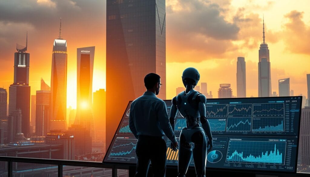 A futuristic cityscape with towering skyscrapers and holographic displays, bathed in a warm, golden glow from the setting sun. In the foreground, a sleek, high-tech control panel with various graphs, charts, and data visualizations, representing the integration of AI and market trends. Two figures, one human and one android, stand before the panel, analyzing the data and making investment decisions. The background is a hazy, dreamlike atmosphere, suggesting the uncertainty and unpredictability of the markets in 2025. The scene conveys a sense of innovation, progress, and the seamless collaboration between human and artificial intelligence in the financial sector. A futuristic cityscape with towering skyscrapers and holographic displays, bathed in a warm, golden glow from the setting sun. In the foreground, a sleek, high-tech control panel with various graphs, charts, and data visualizations, representing the integration of AI and market trends. Two figures, one human and one android, stand before the panel, analyzing the data and making investment decisions. The background is a hazy, dreamlike atmosphere, suggesting the uncertainty and unpredictability of the markets in 2025. The scene conveys a sense of innovation, progress, and the seamless collaboration between human and artificial intelligence in the financial sector.